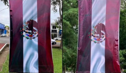 Gobierno morenista de Nayarit pinta de guinda la bandera de México y lo tunden en redes