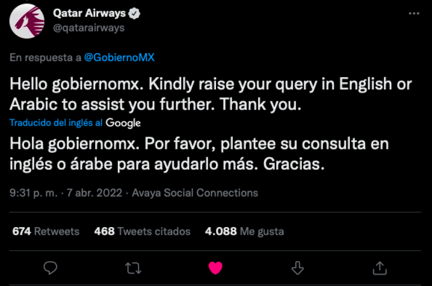 Qatar Airways trolea al gobierno de México: “Kindly raise your query in English or Arabic to assist you”, les dicen