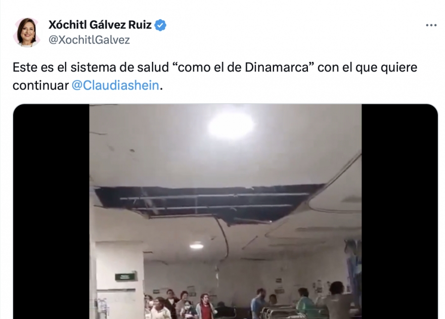 Xóchitl Gálvez tunde al Sistema de Salud de la 4T tras caída de plafón en Hospital del IMSS Cancún: “Como el de Dinamarca”