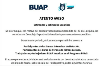 Informa BUAP que Complejo Deportivo Universitario suspenderá actividades por periodo vacacional