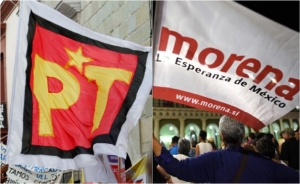 Bandera del PT y Morena