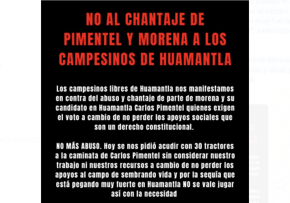 Campesinos denuncian chantajes de Carlos Pimentel para acudir a caminata