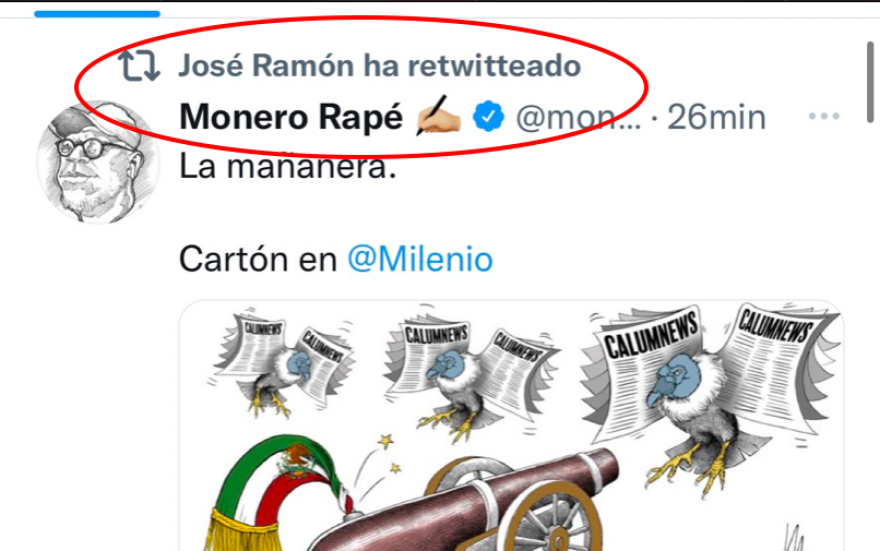 José Ramón López Beltrán reaparece para retweetear cartón de Rapé caricaturizando a la prensa como buitres