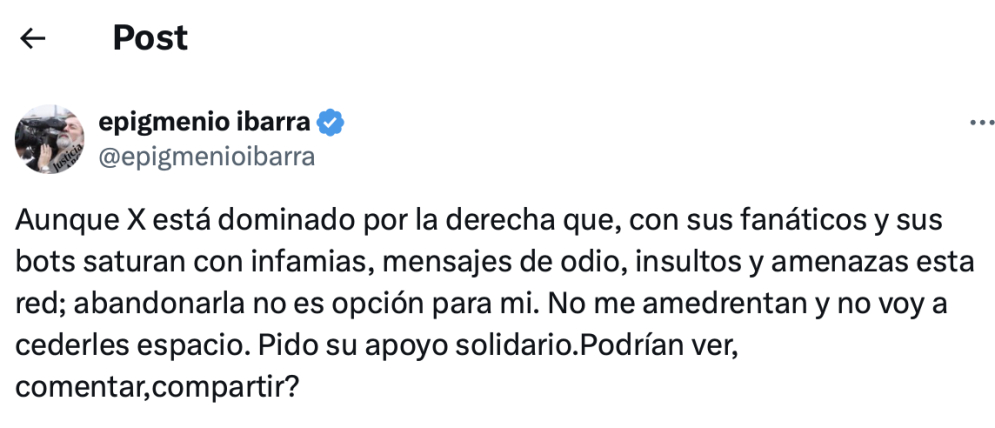 Epigmenio acusa que X está dominado por la derecha: “saturan con infamias”, dice