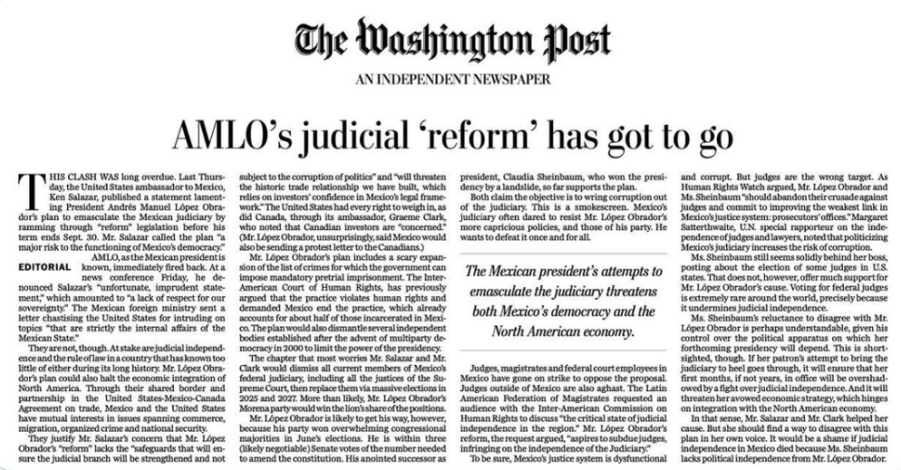 The Washington Post tunde a AMLO por reforma judicial morenista: “sería una pena que la independencia judicial en México muriera”