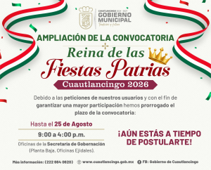 Extienden inscripción para Reina de las Fiestas Patrias 2026 de Cuautlancingo