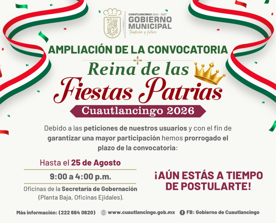 Extienden inscripción para Reina de las Fiestas Patrias 2026 de Cuautlancingo