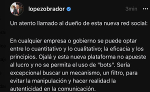 AMLO emite su primer post en Threads para reclamar que no usen bots