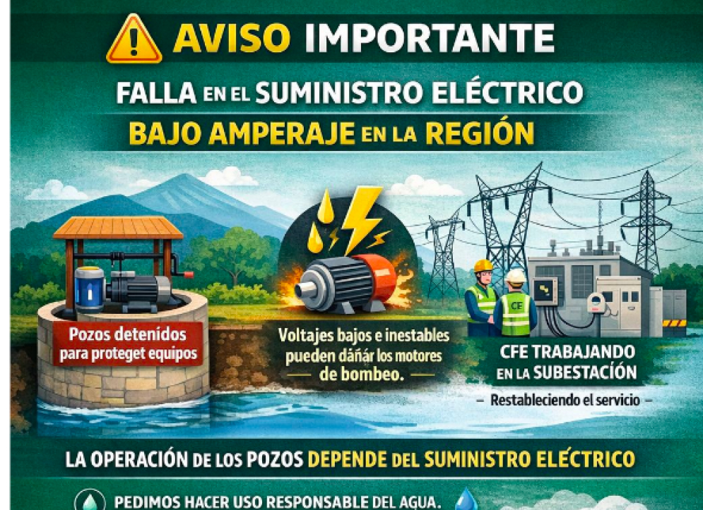 CAPAMH informa que pozos tuvieron que detener su operación temporalmente por fallas eléctricas