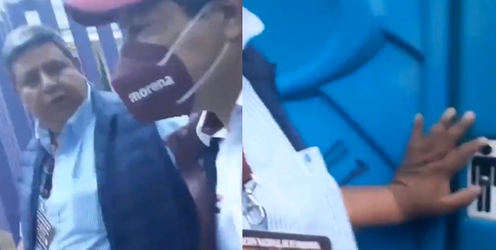 Morenistas encaran a Mario Delgado para reclamarle y los evade escondiéndose en un baño portátil