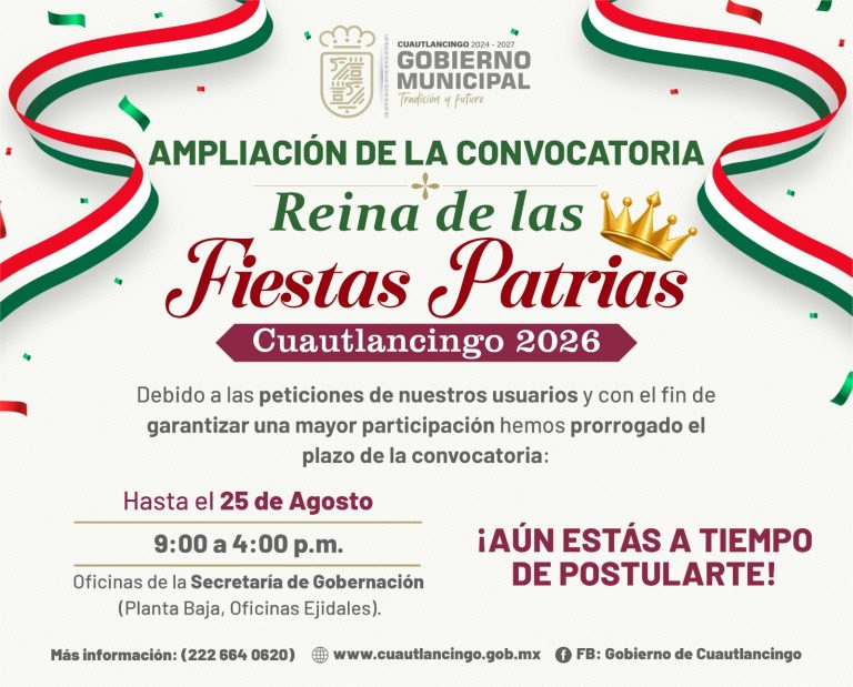 Extienden inscripción para Reina de las Fiestas Patrias 2026 de Cuautlancingo